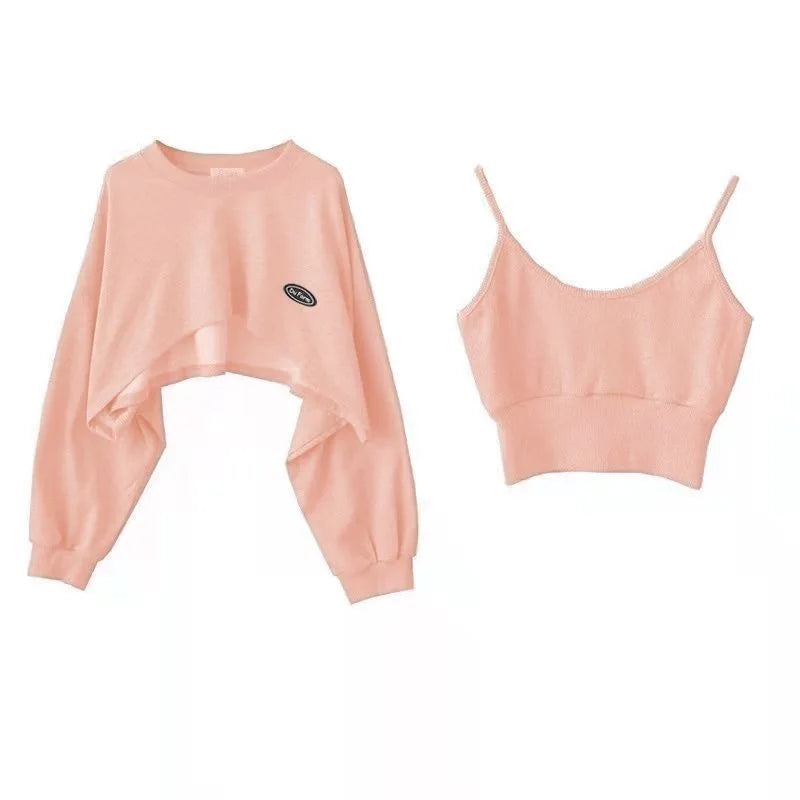 2 Piece Set Crop Sweatshirt and Spaghetti Strap Top