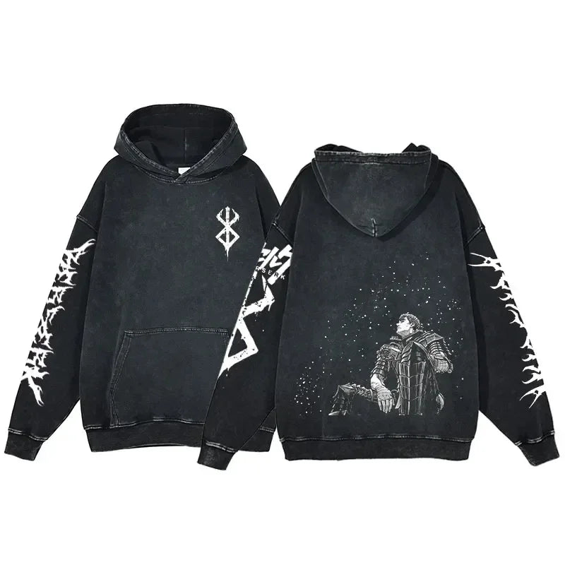 Anime Hoodie for Men Women Hip Hop Harajuku Acid Wash Pullover Hooded Sweatshirt Vintage Streetwear Casual Long Sleeve Tops