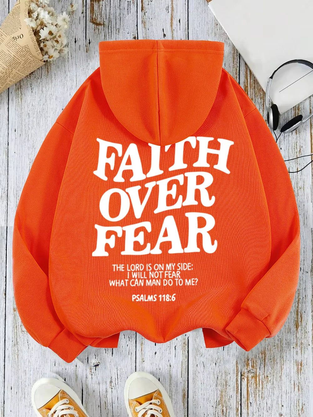 Casual hoodie, faith overcomes fear, letter printed sweatshirt, warm and comfortable pocket pullover, autumn streetwear
