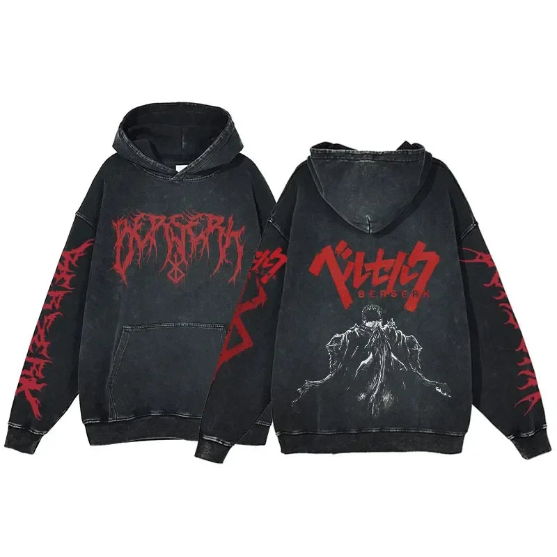 Anime Hoodie for Men Women Hip Hop Harajuku Acid Wash Pullover Hooded Sweatshirt Vintage Streetwear Casual Long Sleeve Tops