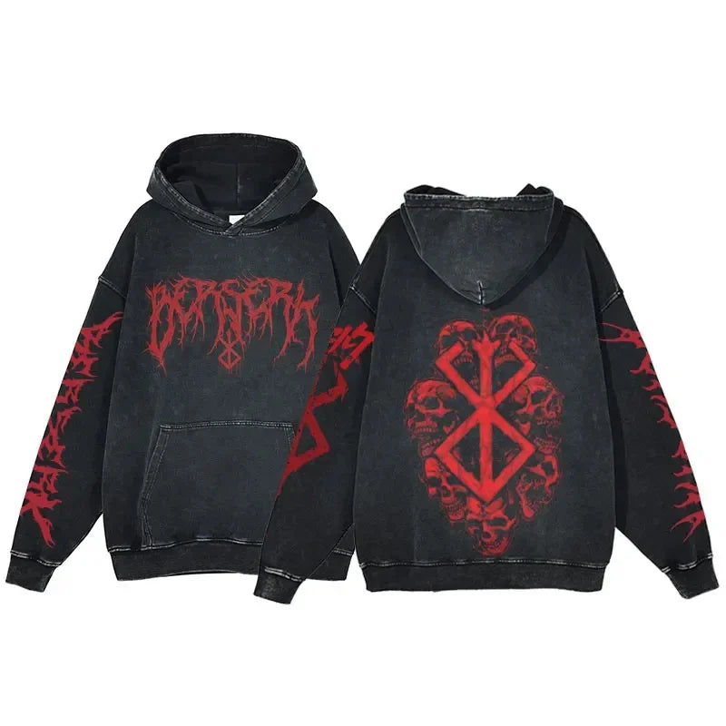 Anime Hoodie for Men Women Hip Hop Harajuku Acid Wash Pullover Hooded Sweatshirt Vintage Streetwear Casual Long Sleeve Tops