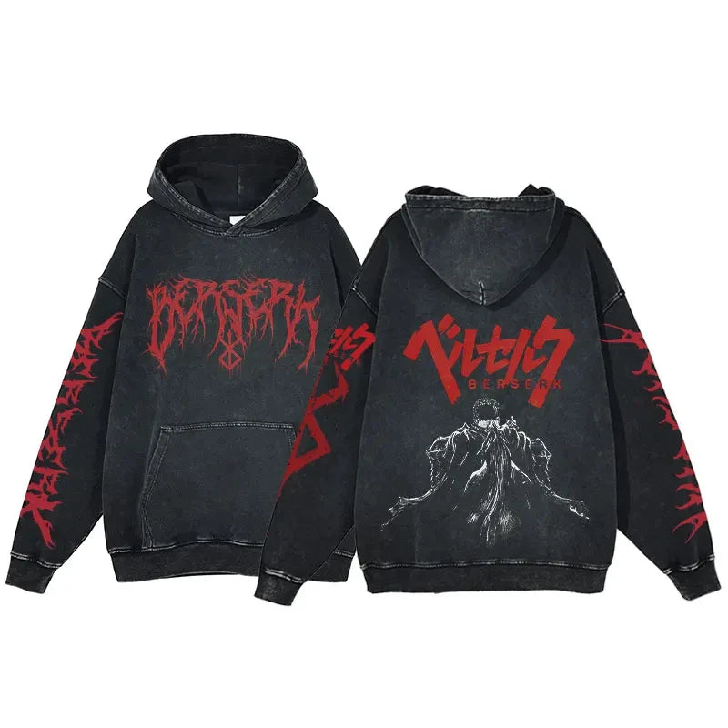 Anime Hoodie for Men Women Hip Hop Harajuku Acid Wash Pullover Hooded Sweatshirt Vintage Streetwear Casual Long Sleeve Tops