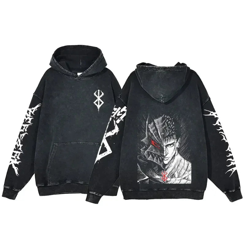 Anime Hoodie for Men Women Hip Hop Harajuku Acid Wash Pullover Hooded Sweatshirt Vintage Streetwear Casual Long Sleeve Tops