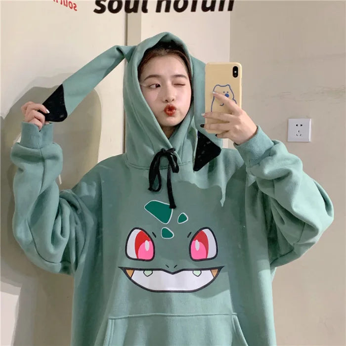 Kawaii Cartoon Print Sweatshirt Spring Autumn Loose Long Sleeve Graphic Hoodies Anime Pullovers Women Oversize Tops Streetwear