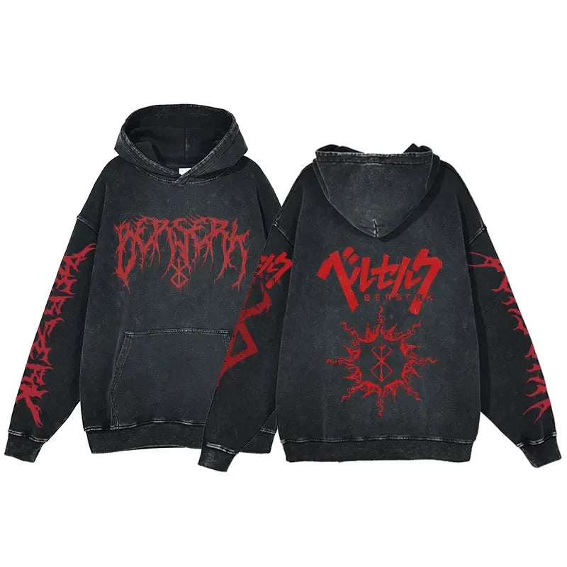 Anime Hoodie for Men Women Hip Hop Harajuku Acid Wash Pullover Hooded Sweatshirt Vintage Streetwear Casual Long Sleeve Tops
