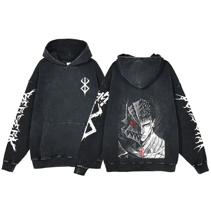 Anime Hoodie for Men Women Hip Hop Harajuku Acid Wash Pullover Hooded Sweatshirt Vintage Streetwear Casual Long Sleeve Tops