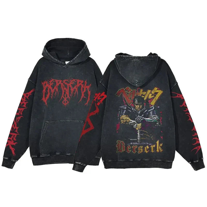 Anime Hoodie for Men Women Hip Hop Harajuku Acid Wash Pullover Hooded Sweatshirt Vintage Streetwear Casual Long Sleeve Tops