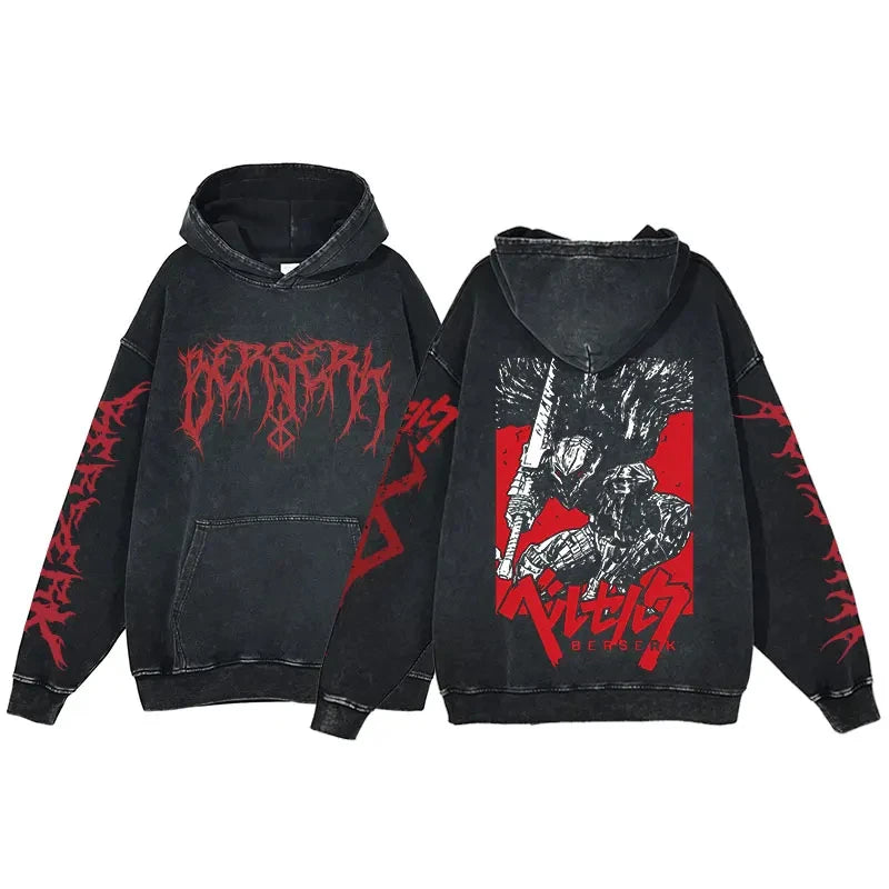 Anime Hoodie for Men Women Hip Hop Harajuku Acid Wash Pullover Hooded Sweatshirt Vintage Streetwear Casual Long Sleeve Tops