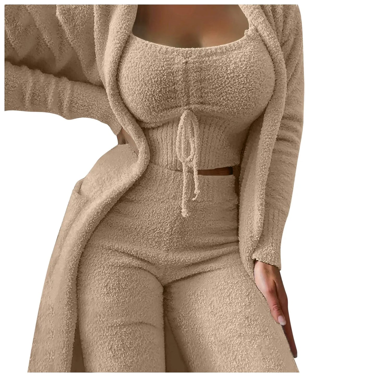 Women'S Fleece 3 Pc Teddy Loungewear Spaghetti Strap Crop Tank Wide Long Pants Fuzzy Kimono Cozy Sweatsuit Set Ladies Pants Suit