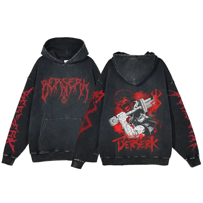 Anime Hoodie for Men Women Hip Hop Harajuku Acid Wash Pullover Hooded Sweatshirt Vintage Streetwear Casual Long Sleeve Tops