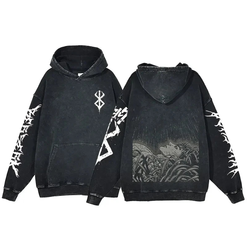 Anime Hoodie for Men Women Hip Hop Harajuku Acid Wash Pullover Hooded Sweatshirt Vintage Streetwear Casual Long Sleeve Tops