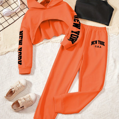 3pcs Girl's Trendy Outfit, Crop Hoodie & Cami Top & Sweatpants Set, NEW YORK Print Casual Long Sleeve Top, Kid's Clothes For Spring Fall Winter