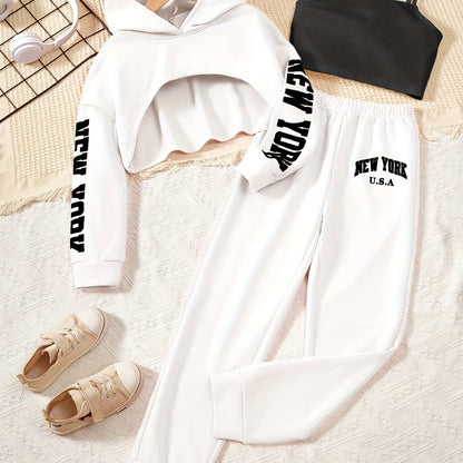 3pcs Girl's Trendy Outfit, Crop Hoodie & Cami Top & Sweatpants Set, NEW YORK Print Casual Long Sleeve Top, Kid's Clothes For Spring Fall Winter