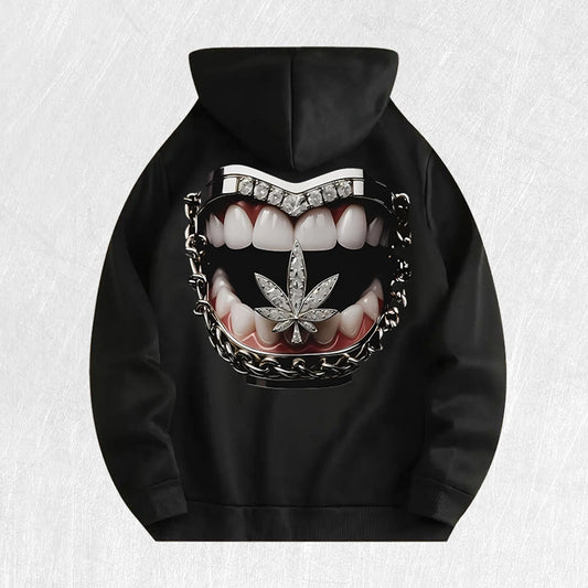 Edgy Mouth & Leaf Graphic Hoodie