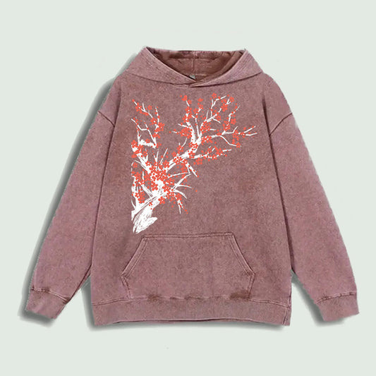 Vintage Washed Plum Blossom Graphic Hoodie