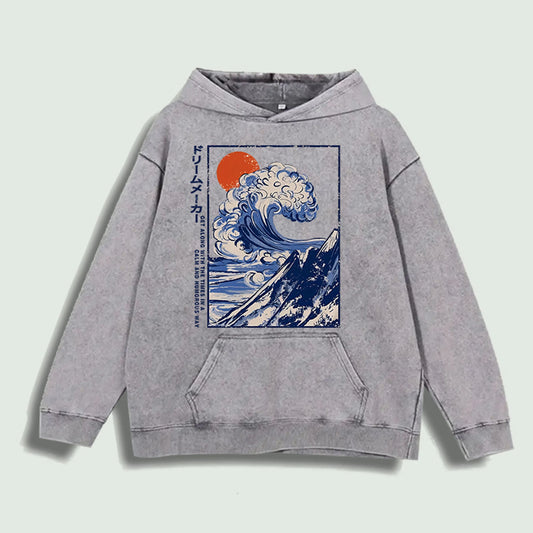 Vintage Washed Japanese Wave & Sun Graphic Hoodie