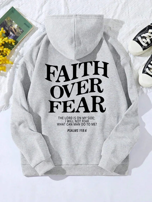 Casual hoodie, faith overcomes fear, letter printed sweatshirt, warm and comfortable pocket pullover, autumn streetwear