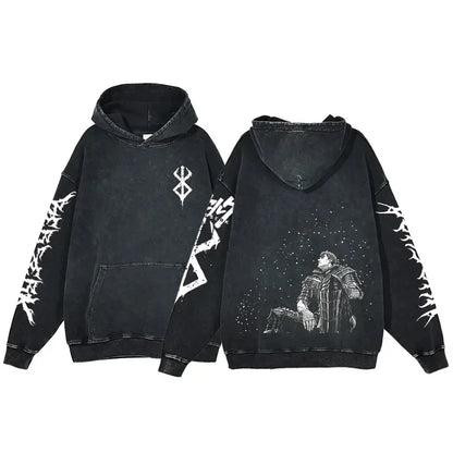 Anime Hoodie for Men Women Hip Hop Harajuku Acid Wash Pullover Hooded Sweatshirt Vintage Streetwear Casual Long Sleeve Tops