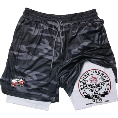 2024Anime Baki 2-in-1 Gym Performance Short Mens Athletic Compression Shorts Quick Dry Stretch Workout Fitness Running Sportwear