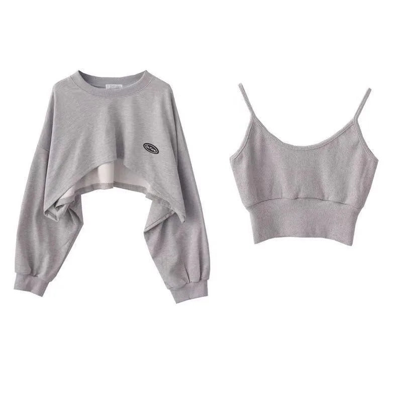 2 Piece Set Crop Sweatshirt and Spaghetti Strap Top