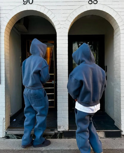American street solid color hooded sweatshirt for men and women high street knitted warm sports casual sweatpants couple set