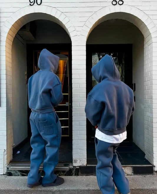 American street solid color hooded sweatshirt for men and women high street knitted warm sports casual sweatpants couple set