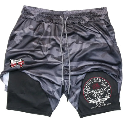 2024Anime Baki 2-in-1 Gym Performance Short Mens Athletic Compression Shorts Quick Dry Stretch Workout Fitness Running Sportwear