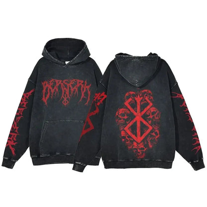 Anime Hoodie for Men Women Hip Hop Harajuku Acid Wash Pullover Hooded Sweatshirt Vintage Streetwear Casual Long Sleeve Tops