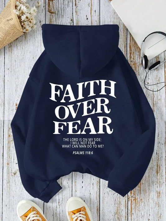 Casual hoodie, faith overcomes fear, letter printed sweatshirt, warm and comfortable pocket pullover, autumn streetwear