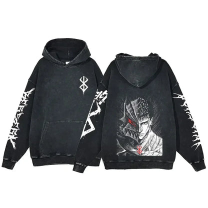 Anime Hoodie for Men Women Hip Hop Harajuku Acid Wash Pullover Hooded Sweatshirt Vintage Streetwear Casual Long Sleeve Tops