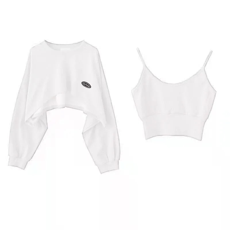 2 Piece Set Crop Sweatshirt and Spaghetti Strap Top