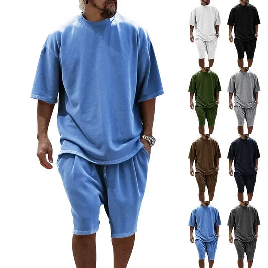 Fashion Plus-size Casual Men's Top Suit Loose Short Sleeve T-shirt Spring/summer Shorts Solid Color Men's Suit Men Clothing
