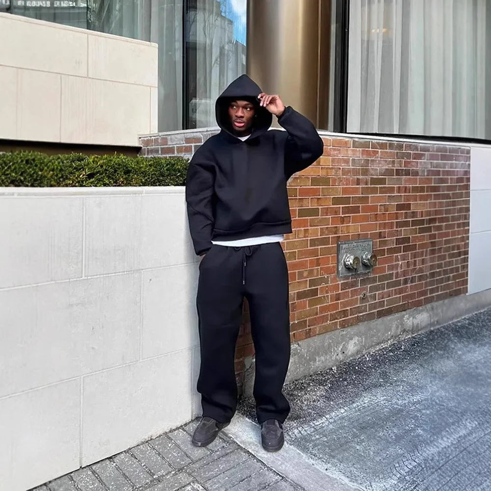 American street solid color hooded sweatshirt for men and women high street knitted warm sports casual sweatpants couple set