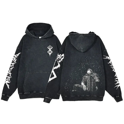 Anime Hoodie for Men Women Hip Hop Harajuku Acid Wash Pullover Hooded Sweatshirt Vintage Streetwear Casual Long Sleeve Tops