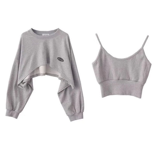 2 Piece Set Crop Sweatshirt and Spaghetti Strap Top