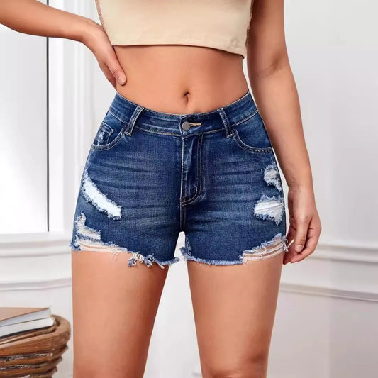 Hole Shorts Jeans Women Ripped Stretch High Waist Washed Distressed Pockets 2025 Streetwear Straight Denims Vintage Short Pants