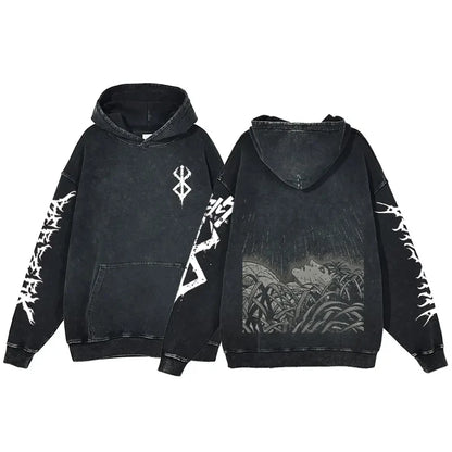 Anime Hoodie for Men Women Hip Hop Harajuku Acid Wash Pullover Hooded Sweatshirt Vintage Streetwear Casual Long Sleeve Tops