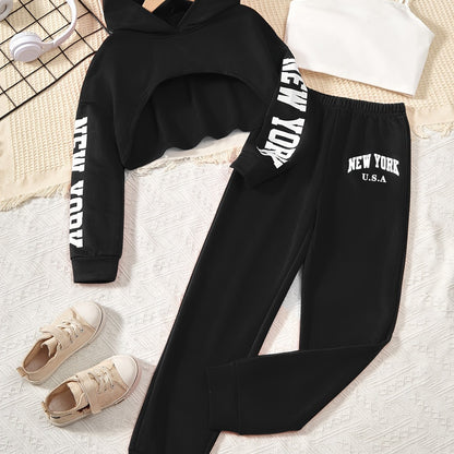 3pcs Girl's Trendy Outfit, Crop Hoodie & Cami Top & Sweatpants Set, NEW YORK Print Casual Long Sleeve Top, Kid's Clothes For Spring Fall Winter