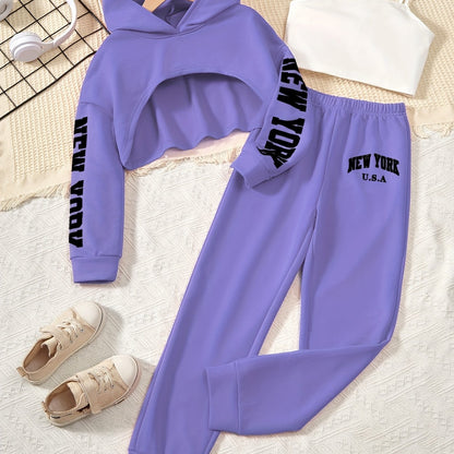 3pcs Girl's Trendy Outfit, Crop Hoodie & Cami Top & Sweatpants Set, NEW YORK Print Casual Long Sleeve Top, Kid's Clothes For Spring Fall Winter
