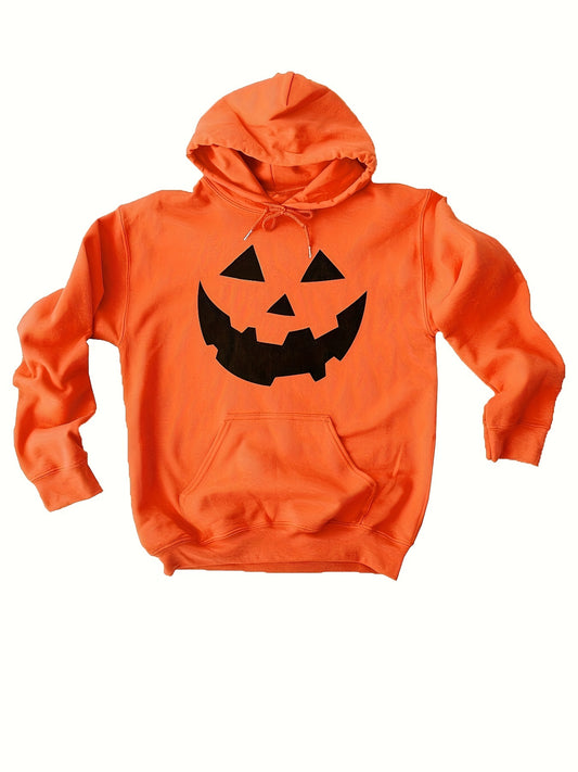 Halloween Pumpkin Print Kangaroo Pocket Hoodie, Casual Long Sleeve Drawstring Hoodies Sweatshirt, Women's Clothing